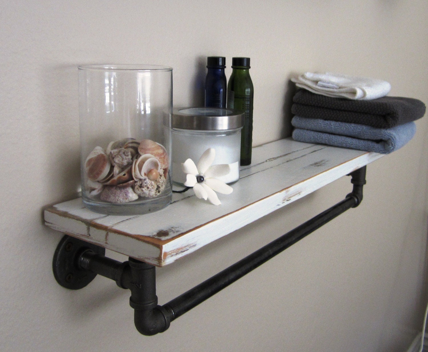 Nautical Beach Cottage Reclaimed Cedar Pipe Shelf and Towel hanger in Distressed Whisper White