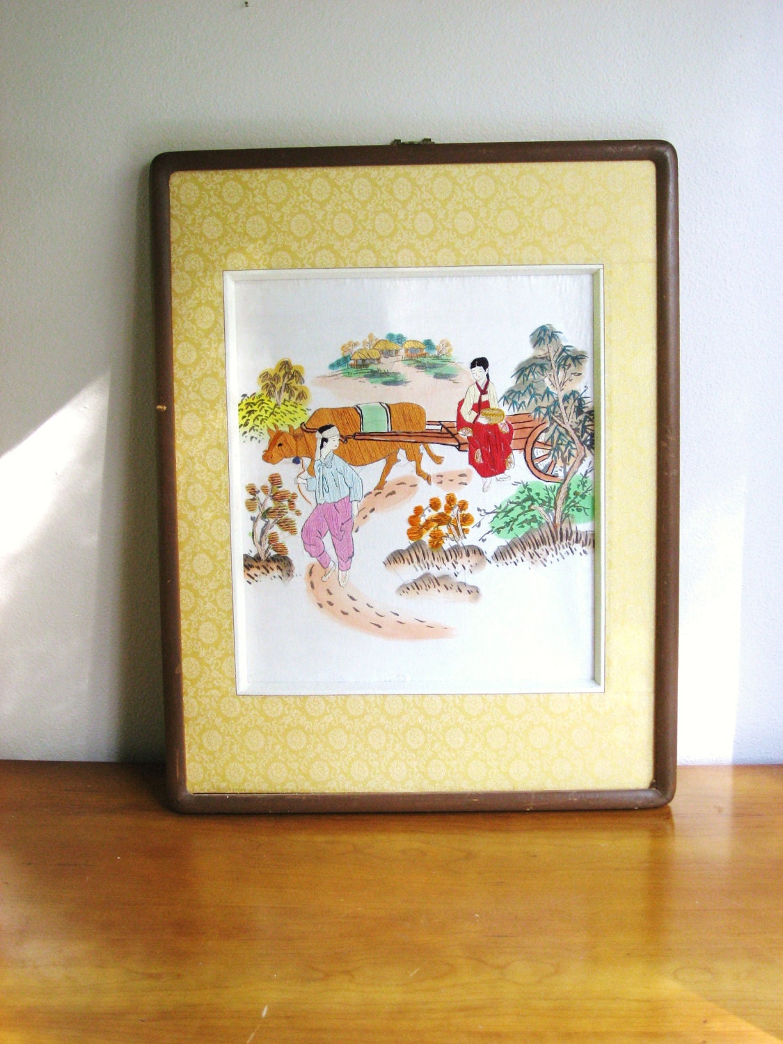 Vintage Asian Silk Thread Painting, Wall hanging, Watercolor accents