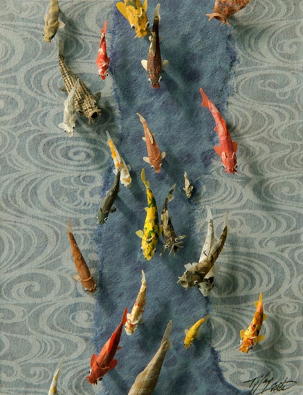 Giclee Mixed Media Art Reproduction - 'Stream of Consciousness' - Koi Paper Sculpture Collage