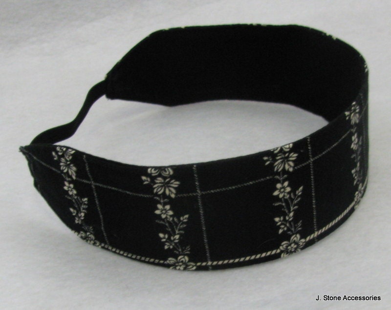 Women's Headband, Black with Small Creme Floral Print Reversible Headband