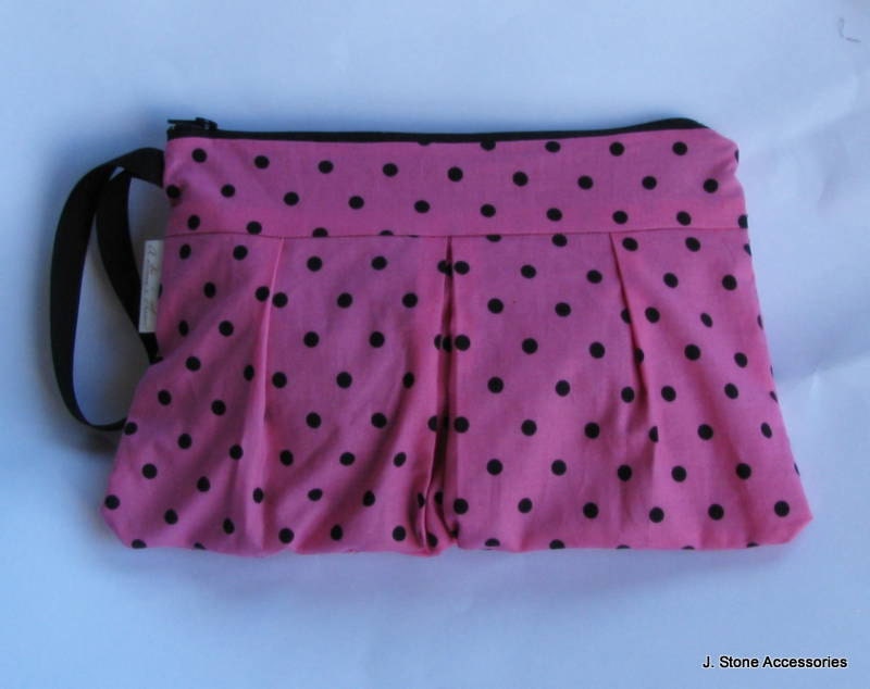 Women's Wristlet, Pleated Wristlet, Pink and Black Polka Dot Pleated Wristlet