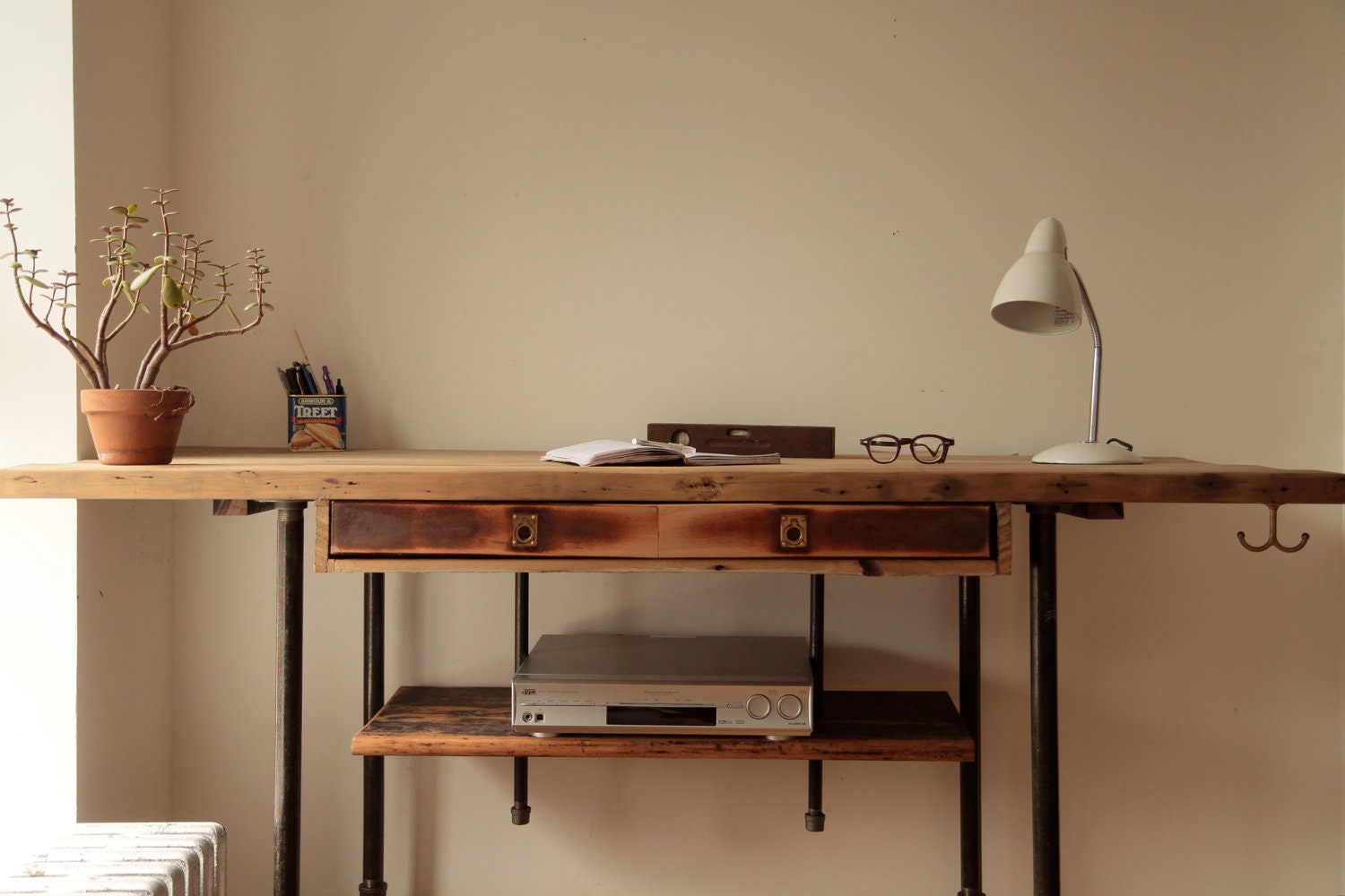 Adjustable Stand Up / Sit Down Desk Made of Reclaimed Wood with Iron Legs