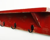 Wood wall shelf with hooks 24 inch rustic Coat Hanger Rack Cottage Shabby Chic CRANBERRY RED