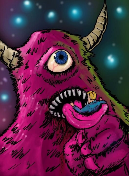Original Art Print by Killtaker - Cyclops Monster w/ a Human "Lollipop"