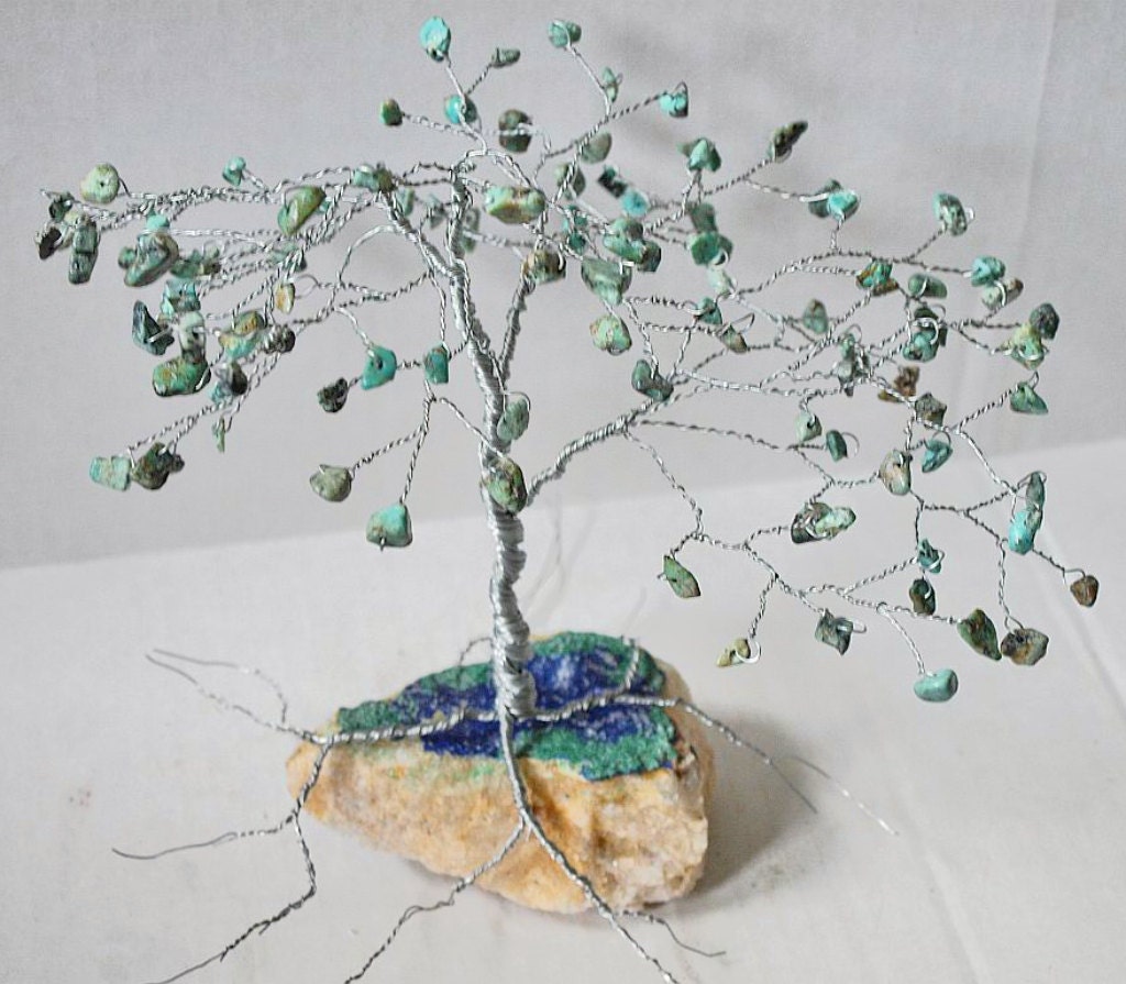 SALE Bonsai Gem Tree African Turquoise Green-Blue Leaf, Silver Wire, Rock Base / Designer Home Decor, Art, Gifts, Wedding Cake Toppers