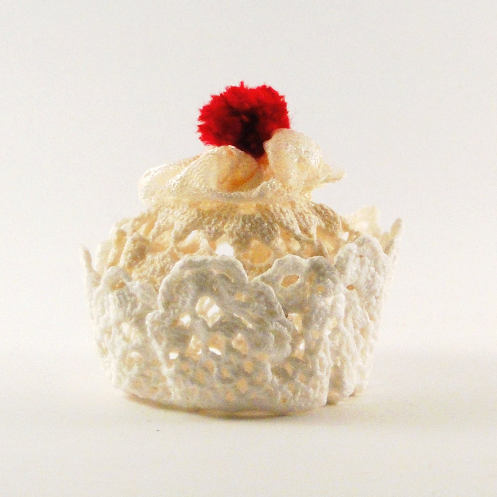 Lace Cupcake Jewelry Box with Secret Compartment- Quirky and Cute gift made with Lace, Doily & Pom Pom Cherry