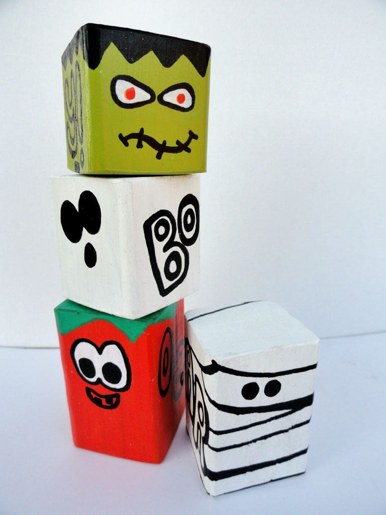 Halloween toy monster blocks - wooden decoration - children's game - hand painted