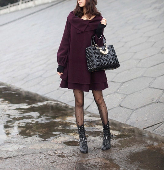 purplish red  women's Princess style cape Coat jacket with belt autumn winter coat  jacket cute coat dy15 M-XXXL