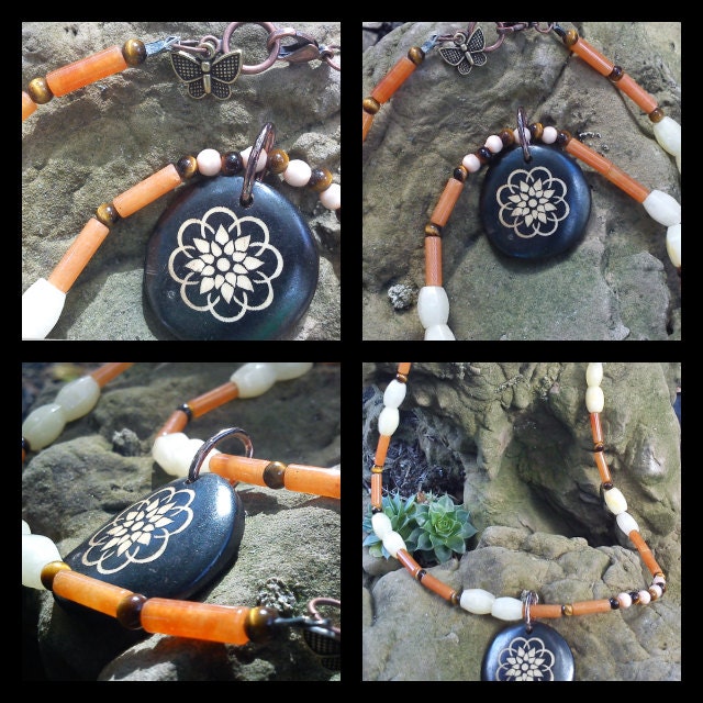 Carnelian, New Jade, Tiger's Eye necklace with ox bone lotus flower pendant