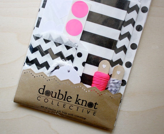 Set of 12 Gift Bags - Black, white and neon pink - Chevron, Stripes and Polka Dots