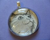 OOAK White Cat Kitty Feline Meow Circle Recycled Material Glass Tile Pendant Long Haired Pet Upcycled Paper Necklace Repurposed Jewelry