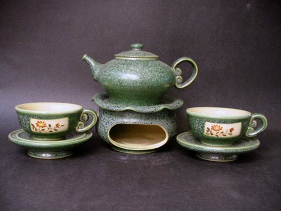 Handmade Green Floral Ceramic Pottery Tea Set Teapot & Warmer Teacups