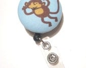 Retractable ID BADGE Reel Holder, Lanyard-Cute Monkey on Blue