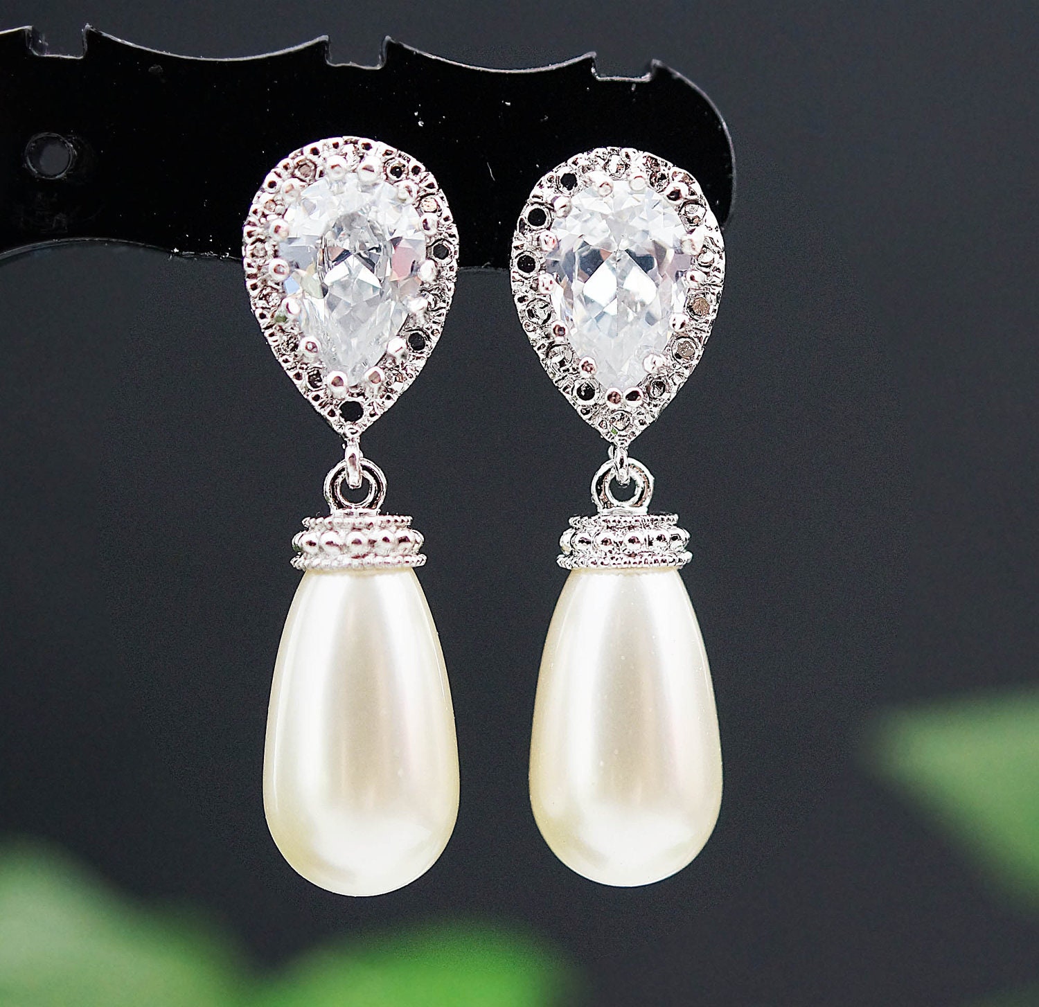 Wedding Jewelry Wedding Earrings Bridal Earrings Bridesmaid Earrings cubic zirconia ear posts with Cream Swarovski Pearl Tear Drop Earrings