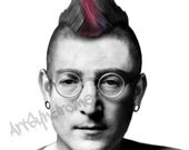 John Lennon from The Beatles imagined as a punk-rocker with mohawk hairstyle in digital art illustration, Art Print Digital Portrait