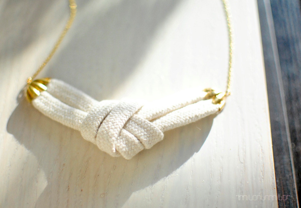 Eco friendly fashion urban necklace. Natural colored cotton rope, big knot and gold colored nickel free chain. Ready to ship.