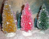 Set of 3 (6 in) bottle hand dyed bottle brush trees frosted in silver with faux pearls