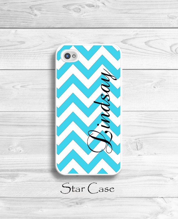 Personalized iPhone 4/ 4s and 5 Case - Turquoise Chevron iPhone Hard Case- Cell Phone Cover Mint with Black Name- Chrismas Gift For Her