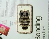 Luxury 3D Copper Brass OWL Nighthawk Bird Cute POCKET White Diamond bling Leather Alloy deluxe hard Case Cover for iPhone 4 4G 4S