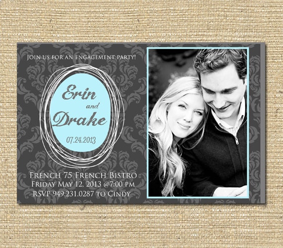 Grand Opening Sale - Engagement Save the Date Photo Announcement Grey Demask/Aqua - Printable File