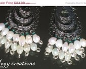 SALE 10% Off White pearls chandellier silver tone tear drop metal dangle earrings royal silver jewelry gift