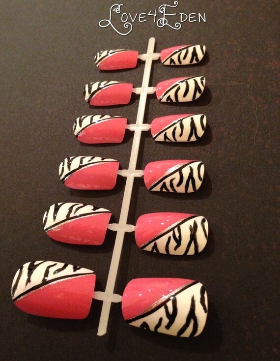 Hot Pink Zebra Fake Nail Set