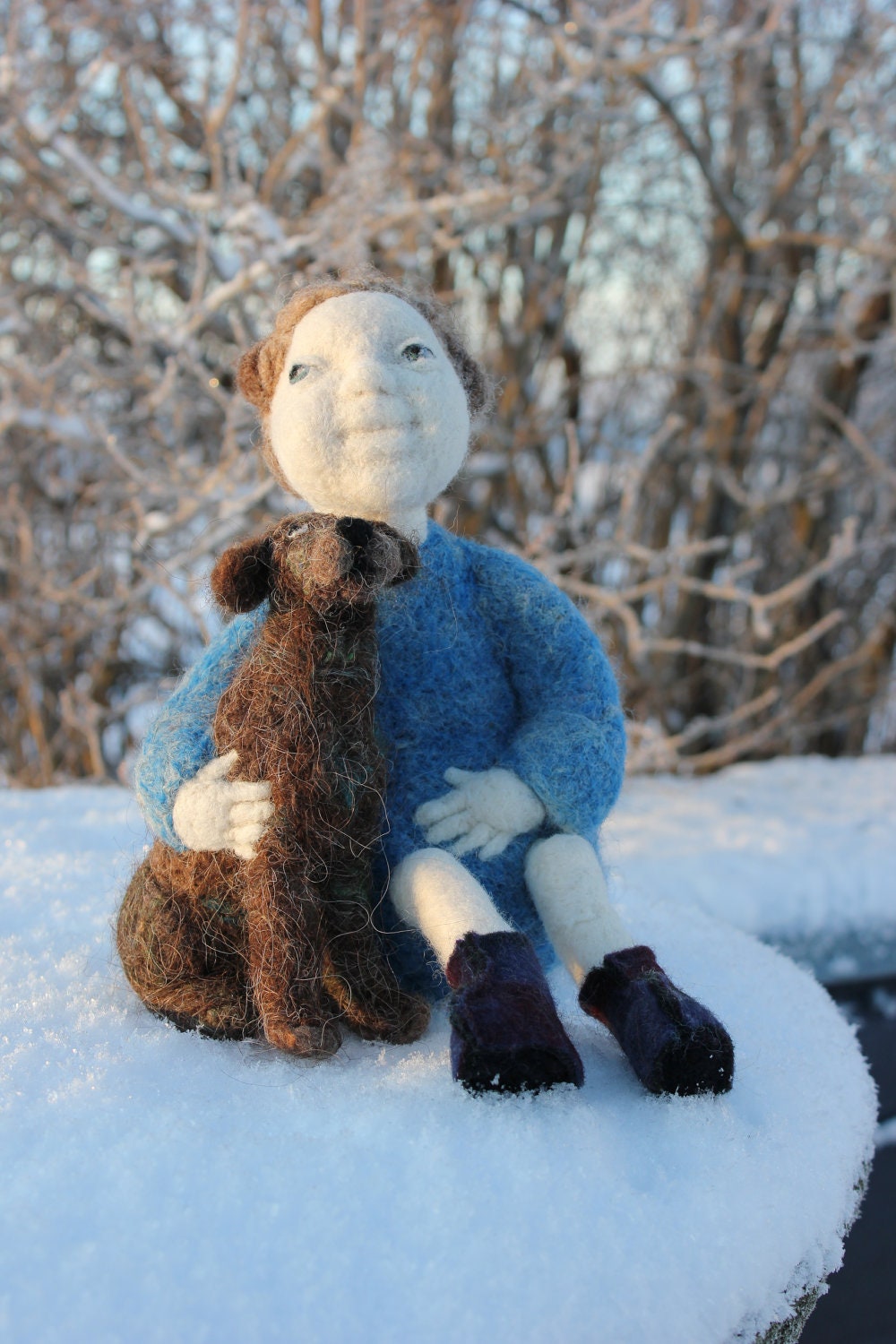 Needle felted "A boy with a dog" Wool Plush Animal Soft Sculpture Art Doll Handmade Valentines Home Decor