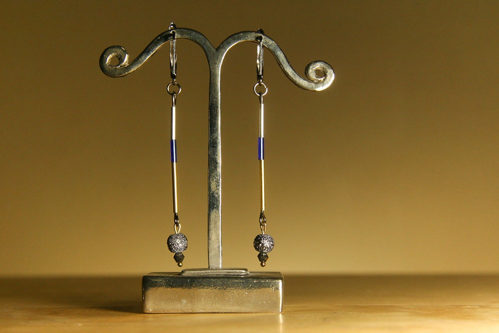 Delicate long earrings, twig earrings, silver gold and blue shiny beaded style, light dangle earrings