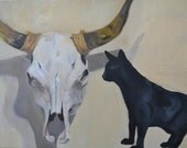 Cattle Skull and Black Cat, Oil on Canvas, Life Facing Death