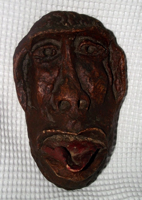 Bizare Face (gorilla or primitive man) Handmade Wall Hanging 1960s, Unique home decor