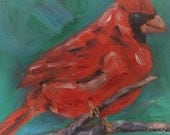 Original Oil Painting Red Cardinal Bird 6x6 Painting, oil on board