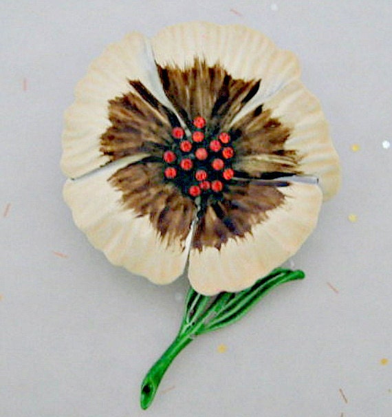 Enamel Flower Brooch - 1960s Vintage Jewelry - Brown and Tan Flower Pin with Orange Rhinestone Center