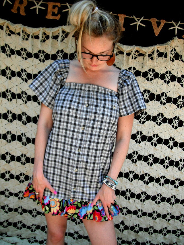 SALE--REVIVAL OOAK Upcycled Boho Top/Shirt/Dress/Tunic, Off the Shoulder, Plaid, Small, Recycled, Repurposed, Eco Friendly Clothing