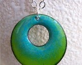Ready to Ship: Reversible Ombre Enamel Pendant Necklace, Lime Green, Robins Egg Blue Glass Enamel, 16 or 18 Inch Sterling Silver Chain
