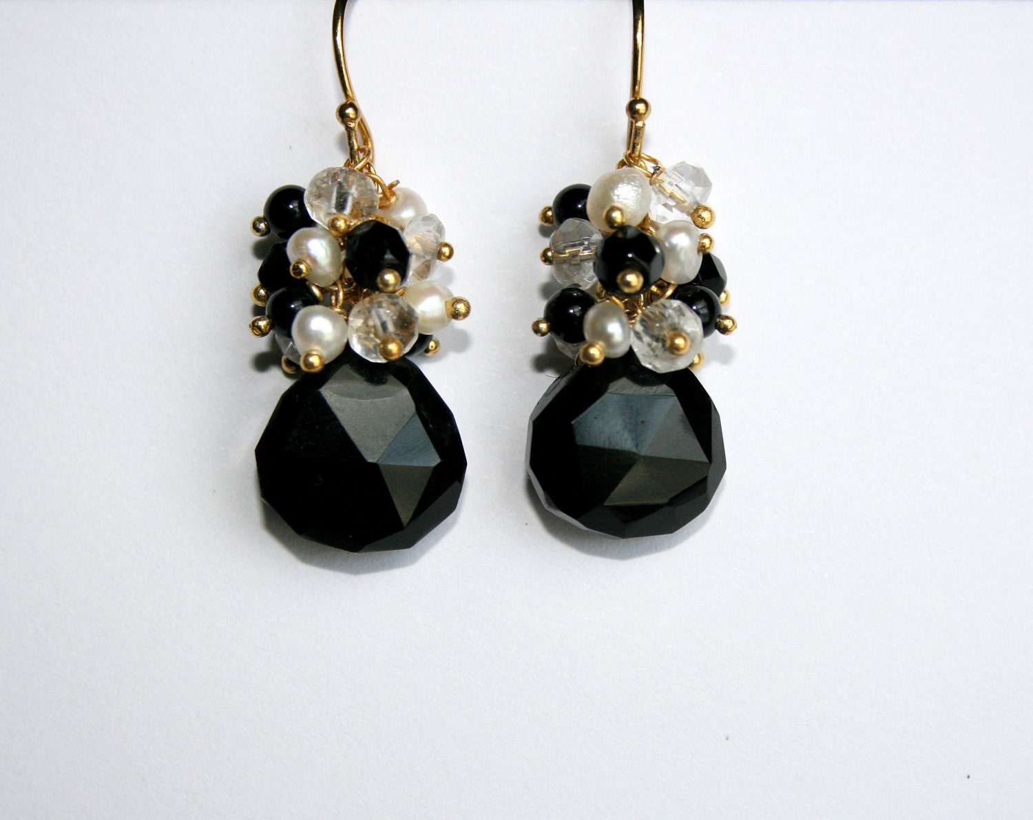 Onyx Teardrop Earrings, Black Gemstone Pearl Cluster, Gold Vermeil