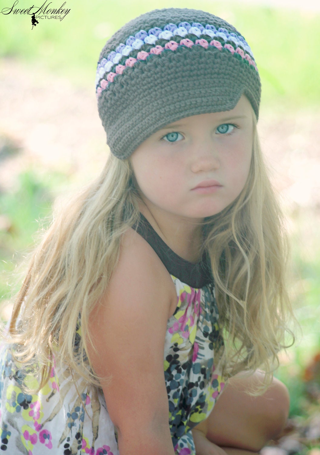 Crocheted Newsboy Hat "The Avy" Chocolate Violet Pink White Trendy Skater Brimmed Hat