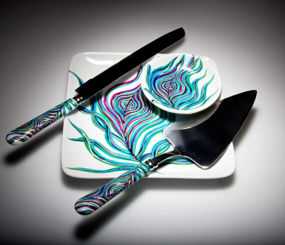 Peacock Wedding Toast and Cake Serving 6-Piece Customized Collection--Peacock Toasting Flutes, Ring Dish, Cake Plate, Cake Serving Set