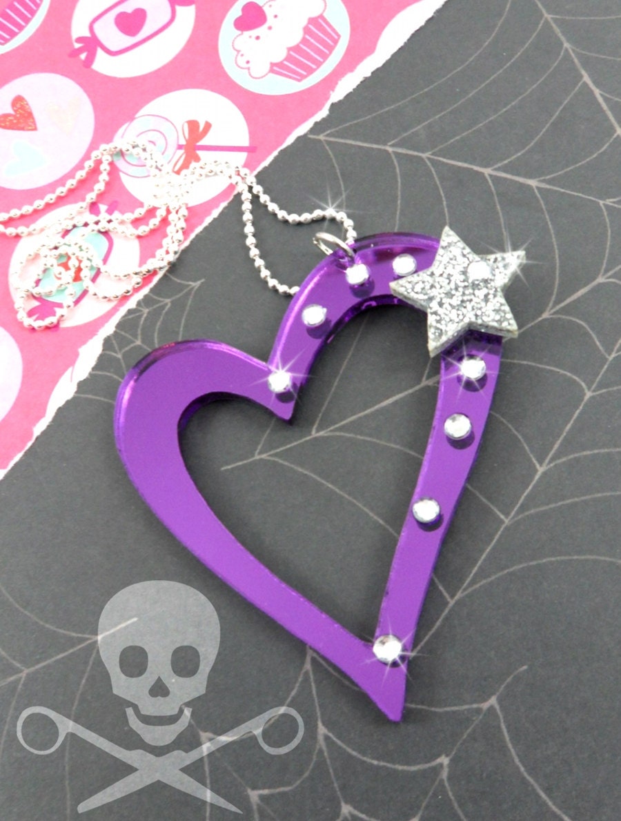 STARSTRUCK - Purple Mirror and Silver Glitter Heart Charm Necklace in Laser Cut Acrylic