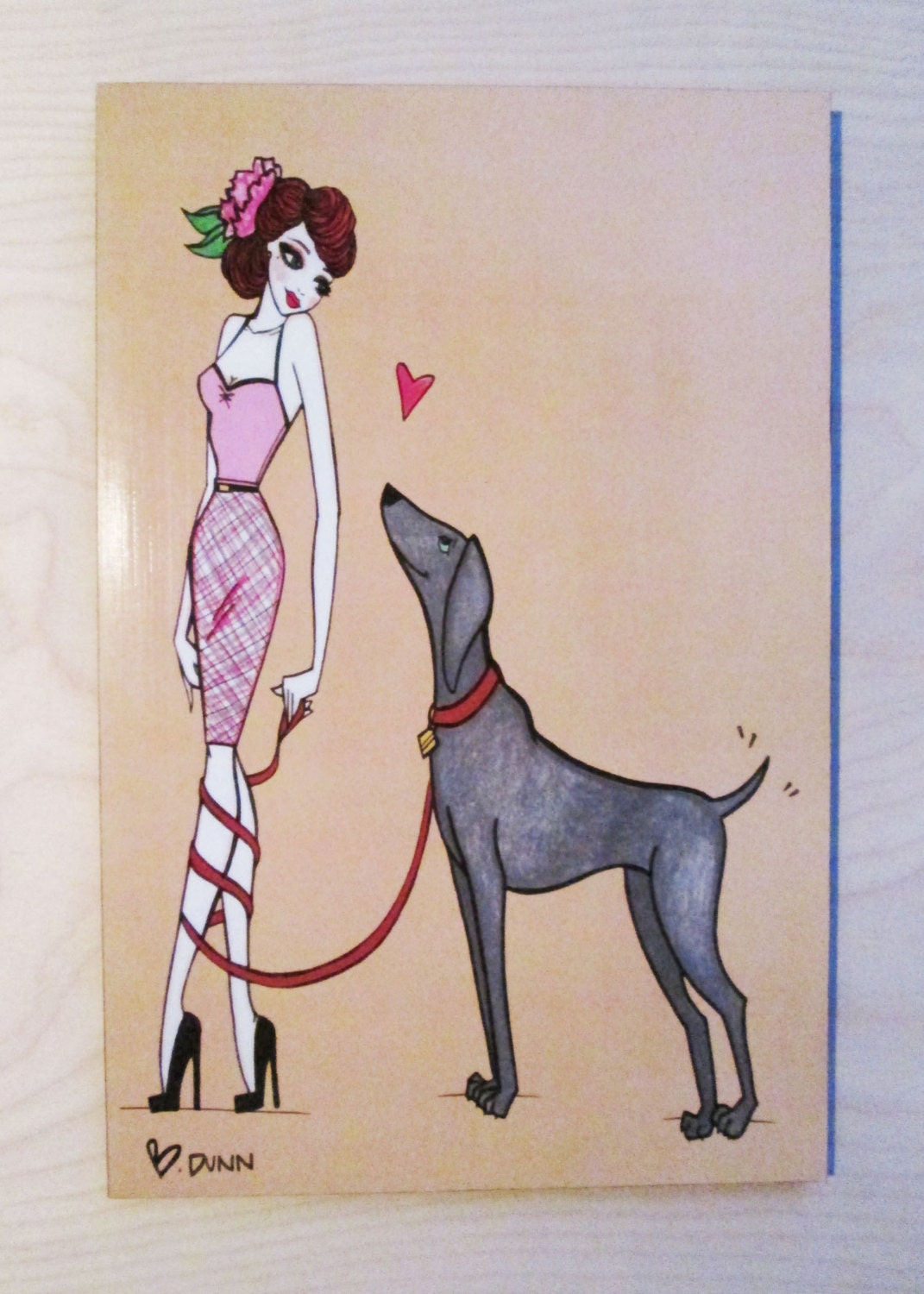 Pinup girl - Puppy Love  - 12 x 18 Print on Wood / Classic Pinup Art Illustration