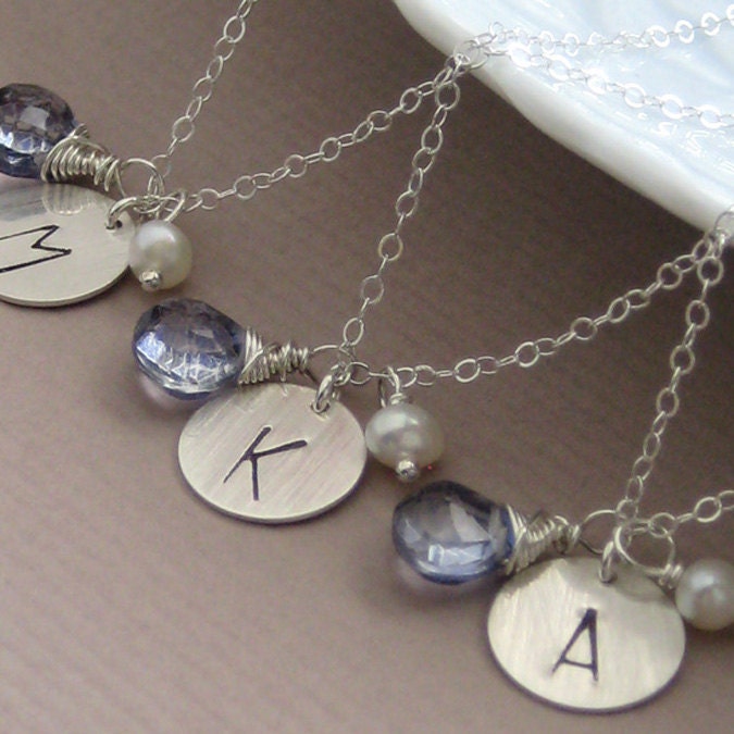 Set of 3 Large Initial Tag Necklaces, CHOICE of Gemstone and Pearl, Monogram, Letter, Bridesmaid Gift, Personalized Jewelry