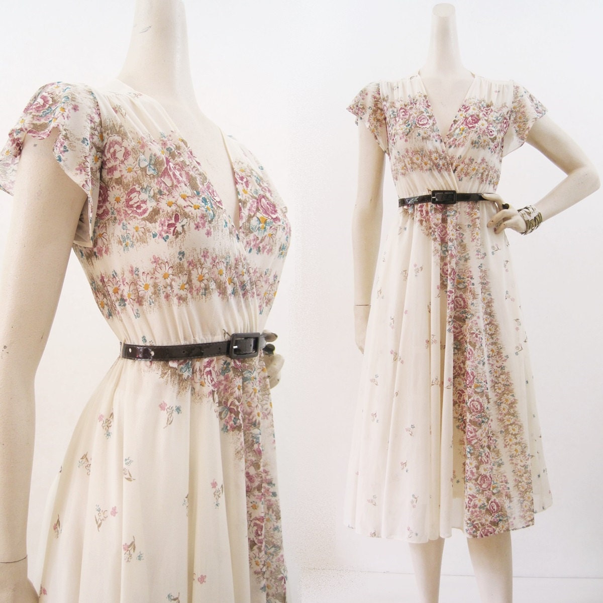 70s 80s Dress Vintage Boho Floral Surplice Full Skirt Secretary Day Dress S XS