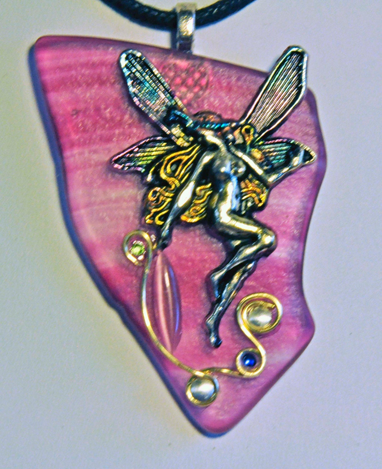 fairy fae fairie wirework pink recycled eco friendly fused glass pendant fantasy necklace jewelry made in Michigan