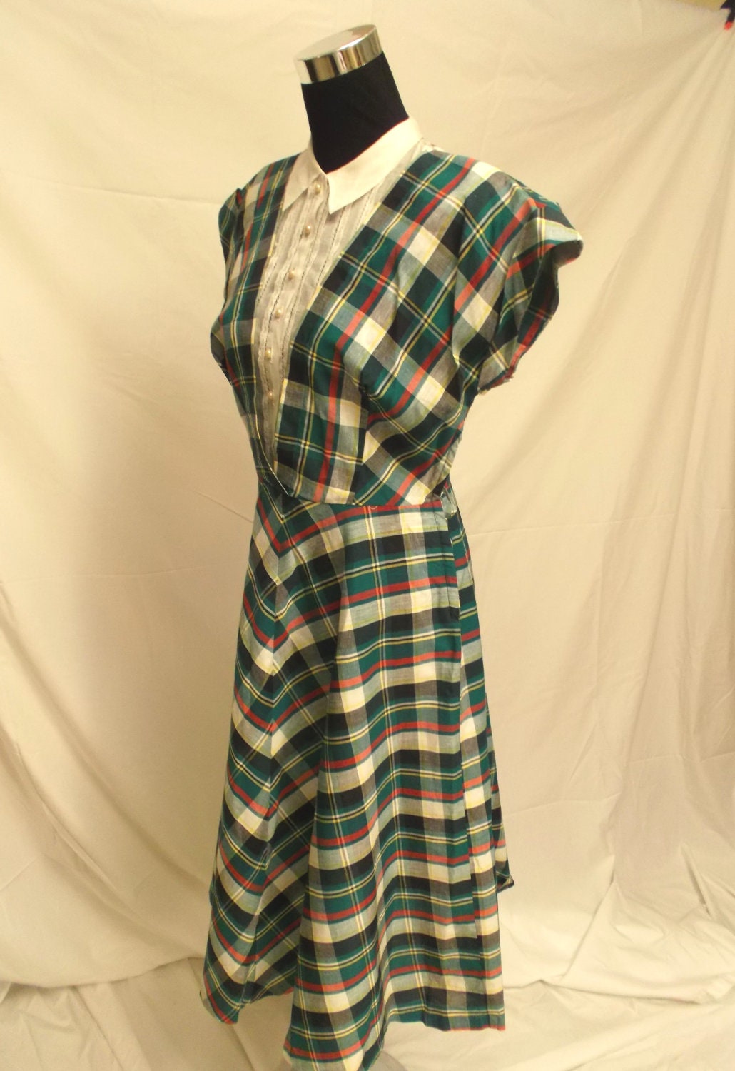 40's 50's Vintage Green White Plaid Dress Medium 36 Bust