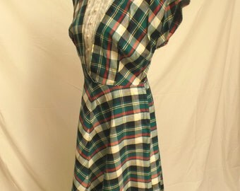 40's 50's Vintage Green White Plaid Dress Medium 36 Bust