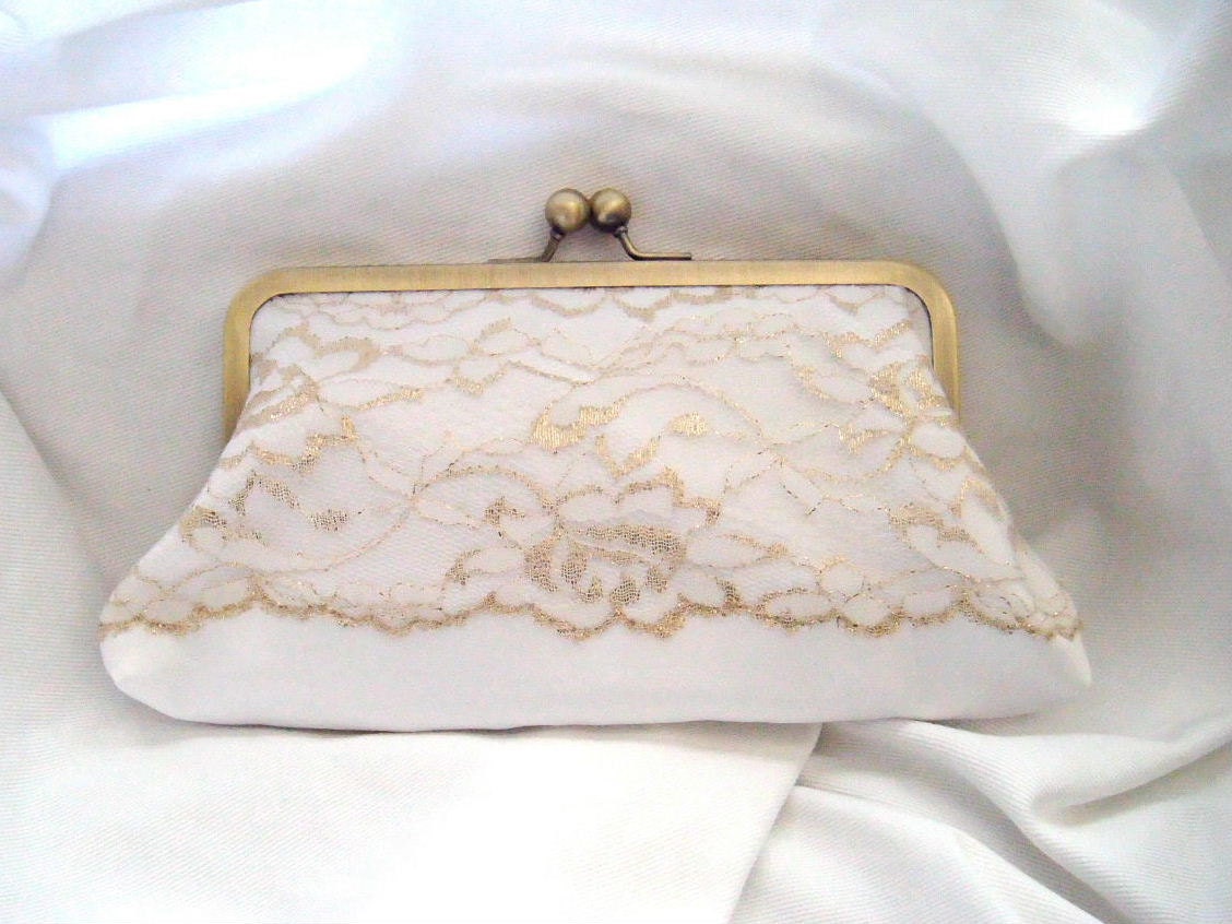 Wedding Clutches - Elegant Camden Bridal Clutch in Metallic Gold and White Lace on White Satin - white gold clutch