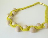 textile neon necklace braided in  wooden beads