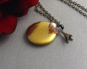 Vintage Brass Locket, Paris, Eiffel Tower, Swarovski Pink Pearl, Opal Flower Locket, Long Chain Locket-From Paris With Love