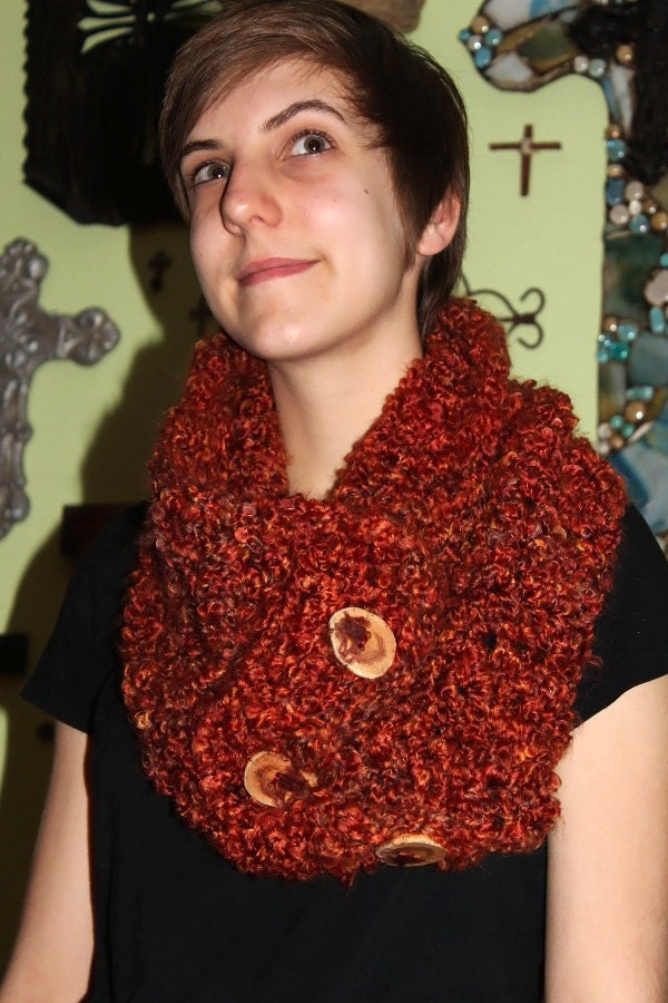 Wildfire - Hand Crocheted chunky Cowl - Neckwarmer - with Natural Tree Branch buttons
