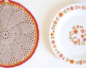 Annie, hand crochet pot holder, modern folk wall hanging or table decor in taupe, orange & deep pink - MADE TO ORDER, by Emma Lamb
