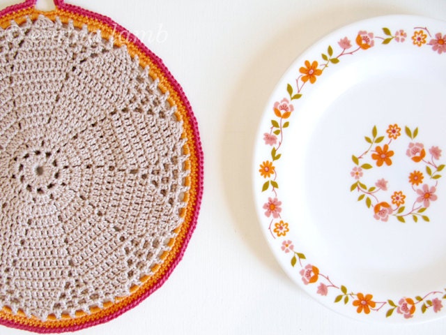 Annie, hand crochet pot holder, modern folk wall hanging or table decor in taupe, orange & deep pink - MADE TO ORDER, by Emma Lamb